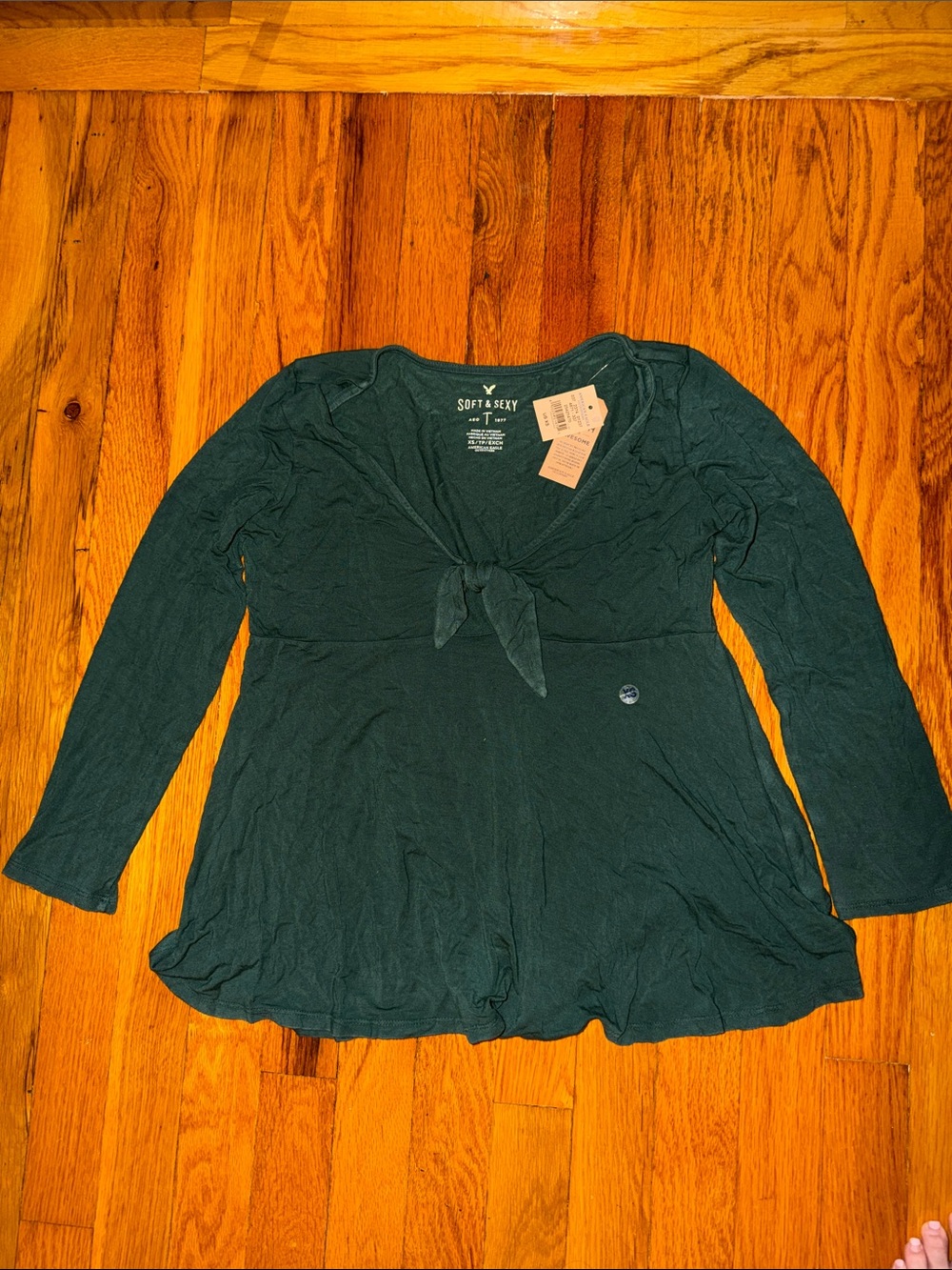 American Eagle Outfitters Deep Green Tie-Front Long Sleeve Tunic Top